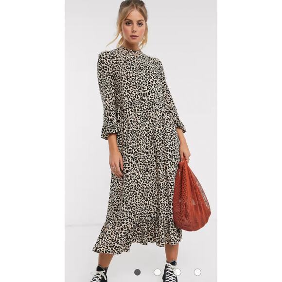 ASOS DESIGN button through tiered smock maxi dress leopard print sz 2 US modest - Picture 2 of 10